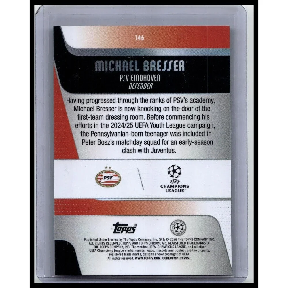 2025-26 Topps Chrome UEFA Michael Bresser #146 PSV Green Lava Rookie #/99